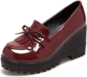 MIOKE Women's Platform Wedge Tassel Oxford Shoes Slip On Comfort Chunky High Heel Fringed Pump Dress Shoes