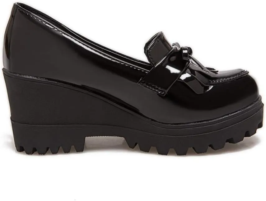 MIOKE Women's Platform Wedge Tassel Oxford Shoes Slip On Comfort Chunky High Heel Fringed Pump Dress Shoes