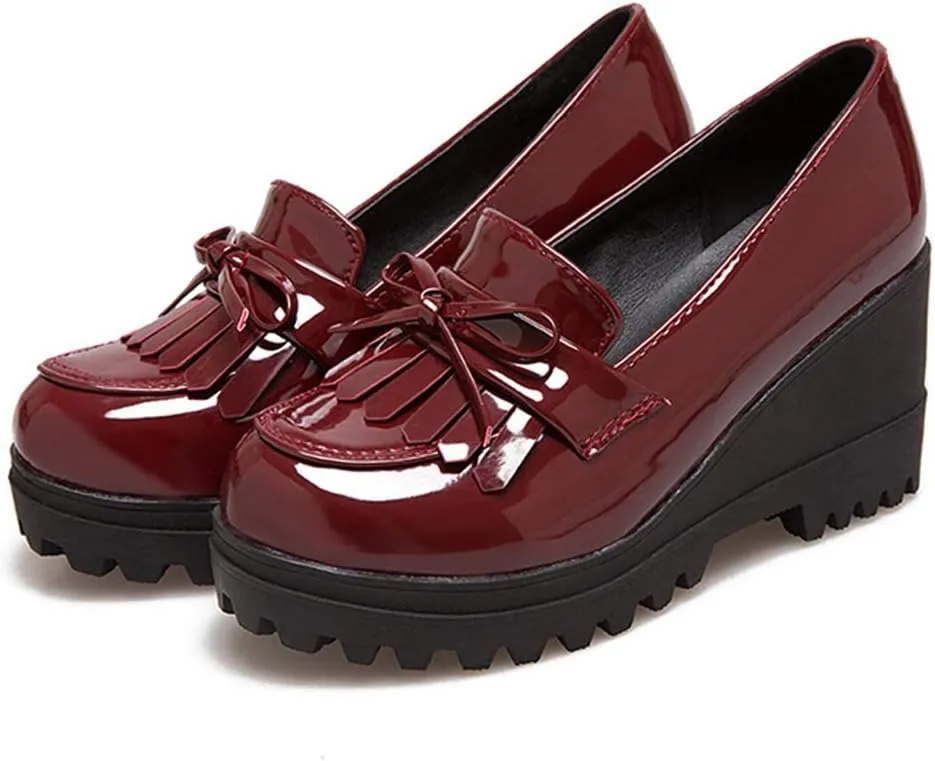 MIOKE Women's Platform Wedge Tassel Oxford Shoes Slip On Comfort Chunky High Heel Fringed Pump Dress Shoes