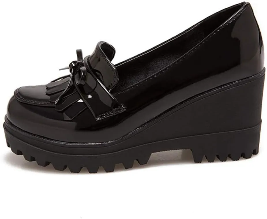 MIOKE Women's Platform Wedge Tassel Oxford Shoes Slip On Comfort Chunky High Heel Fringed Pump Dress Shoes