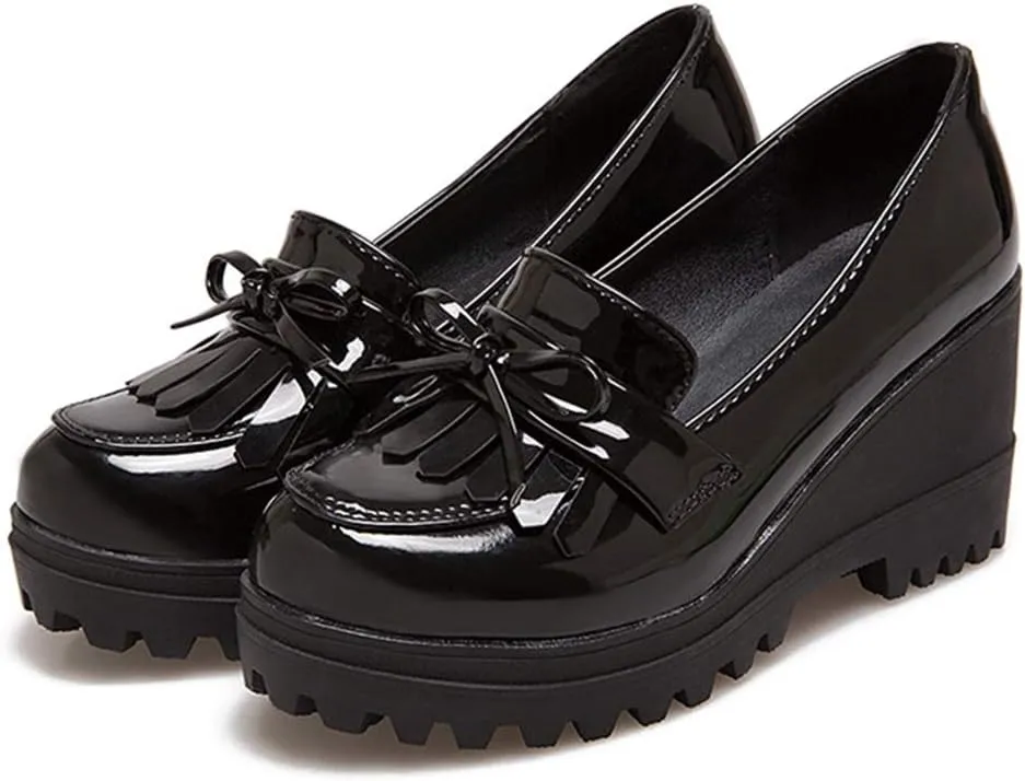 MIOKE Women's Platform Wedge Tassel Oxford Shoes Slip On Comfort Chunky High Heel Fringed Pump Dress Shoes
