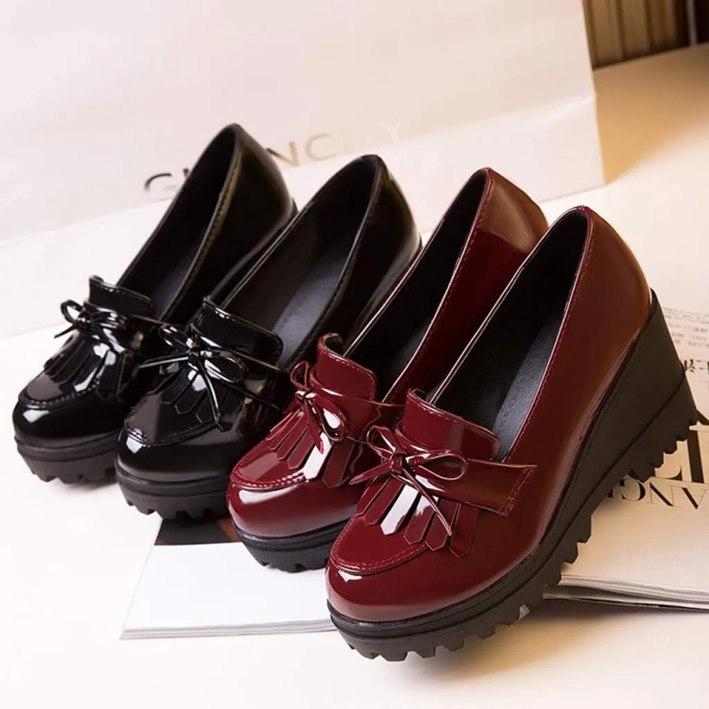 MIOKE Women's Platform Wedge Tassel Oxford Shoes Slip On Comfort Chunky High Heel Fringed Pump Dress Shoes
