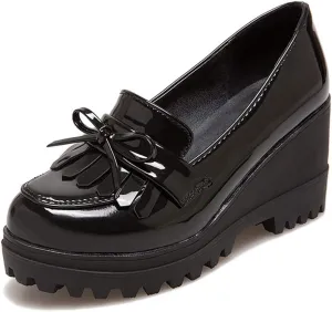 MIOKE Women's Platform Wedge Tassel Oxford Shoes Slip On Comfort Chunky High Heel Fringed Pump Dress Shoes