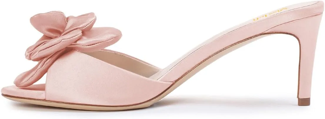 miss left Women Lovely Flower Open Toe Satin Mules Comfortable Low Heel Slip on Slide Sandals Fashion Daily Dress Shoes Size 4-16 US