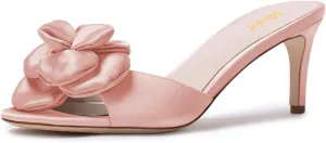 miss left Women Lovely Flower Open Toe Satin Mules Comfortable Low Heel Slip on Slide Sandals Fashion Daily Dress Shoes Size 4-16 US