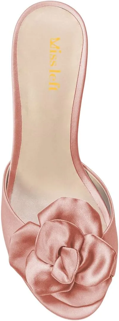 miss left Women Lovely Flower Open Toe Satin Mules Comfortable Low Heel Slip on Slide Sandals Fashion Daily Dress Shoes Size 4-16 US
