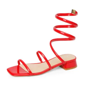 Modatope Womens Red Strappy Sandals Flat Open Toe Ankle Strap Sandals Spiral Ankle Warp Strap Heels Low Block Heel Gladiator Sandals Size 9.5