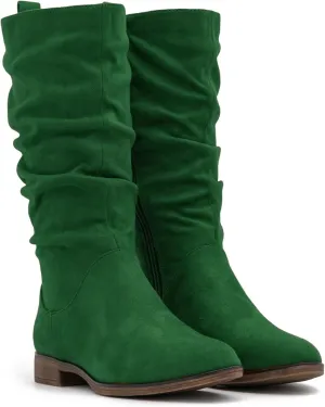 MOOMMO Women Mid Calf Slouch Boots Suede Calf High Boots Flats Flat Heel Long Boots Wide Calf Side Zipper Winter Boots Round Toe Flat Boots Retro Cute Casual Comfy Winter 4-13 M US