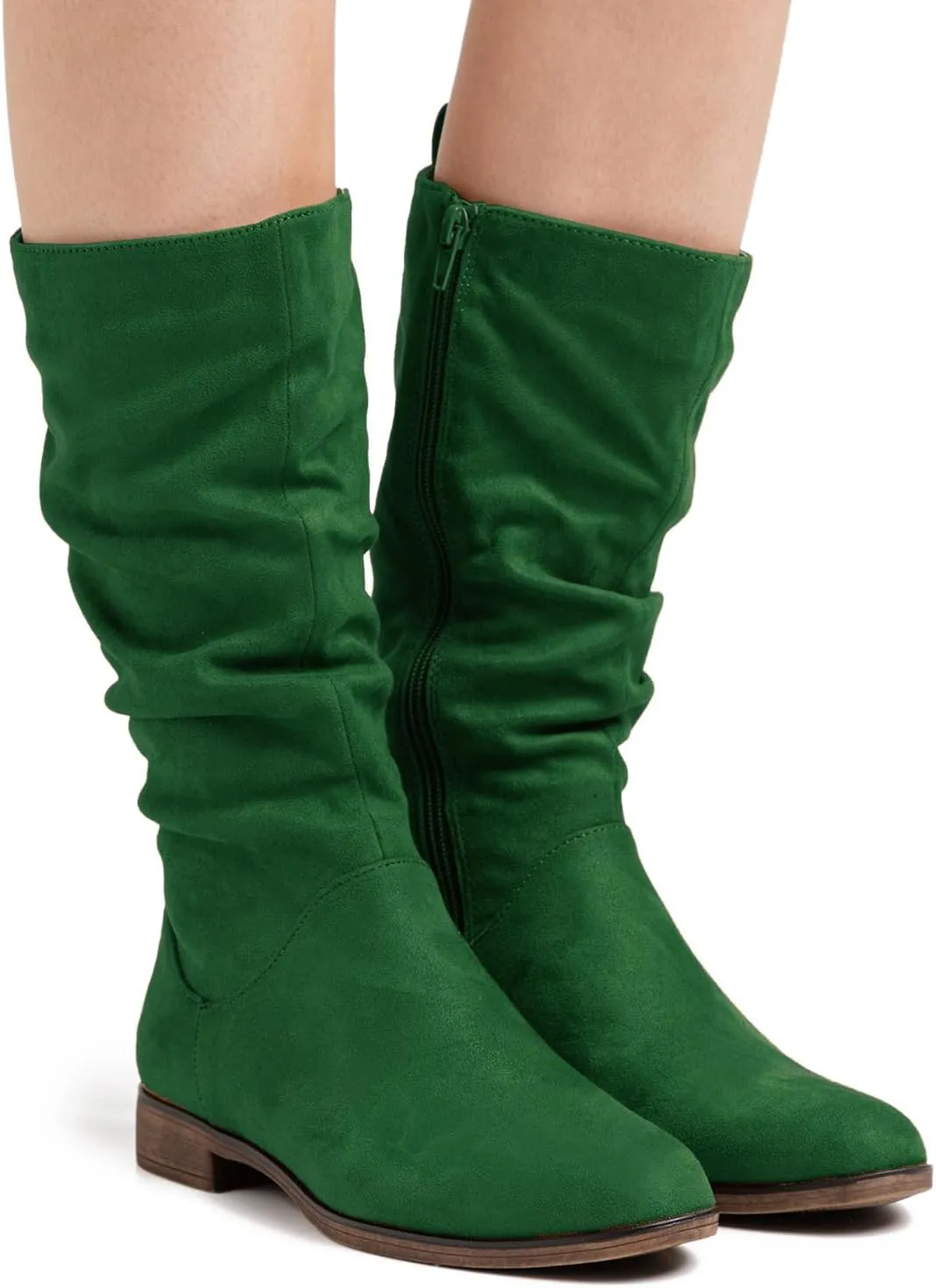 MOOMMO Women Mid Calf Slouch Boots Suede Calf High Boots Flats Flat Heel Long Boots Wide Calf Side Zipper Winter Boots Round Toe Flat Boots Retro Cute Casual Comfy Winter 4-13 M US
