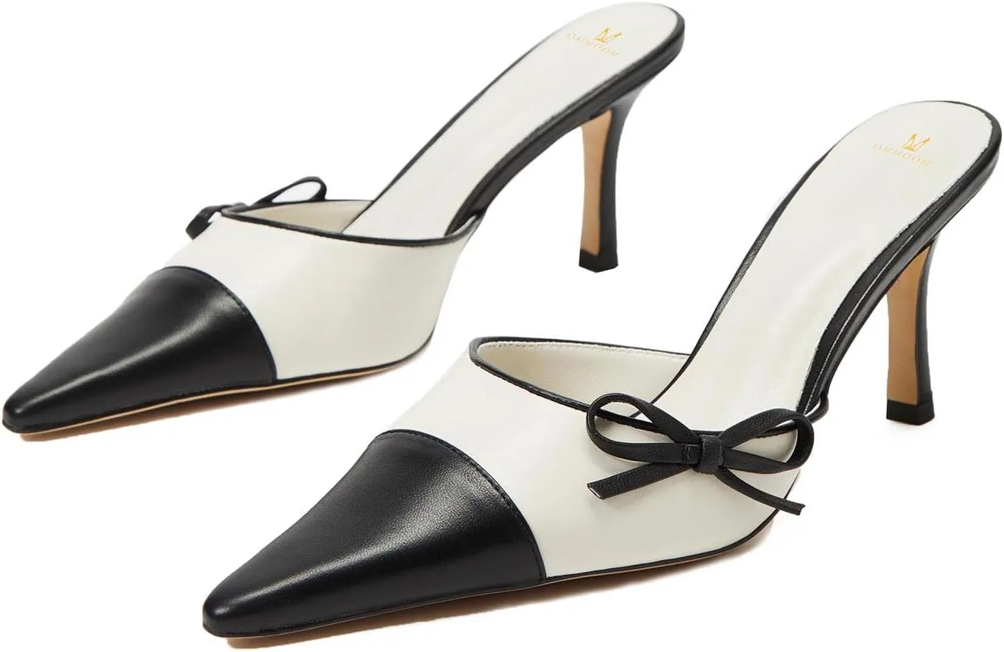MOOMMO Women Stiletto Heel Mules Bow Cap Pointed Toe Slip On Mule Sandals Two Tone Sexy 2 inch Kitten Heel Mule Heels Pointy Toe Dress Sandal Heels Evening Wedding Party 4-11 M US
