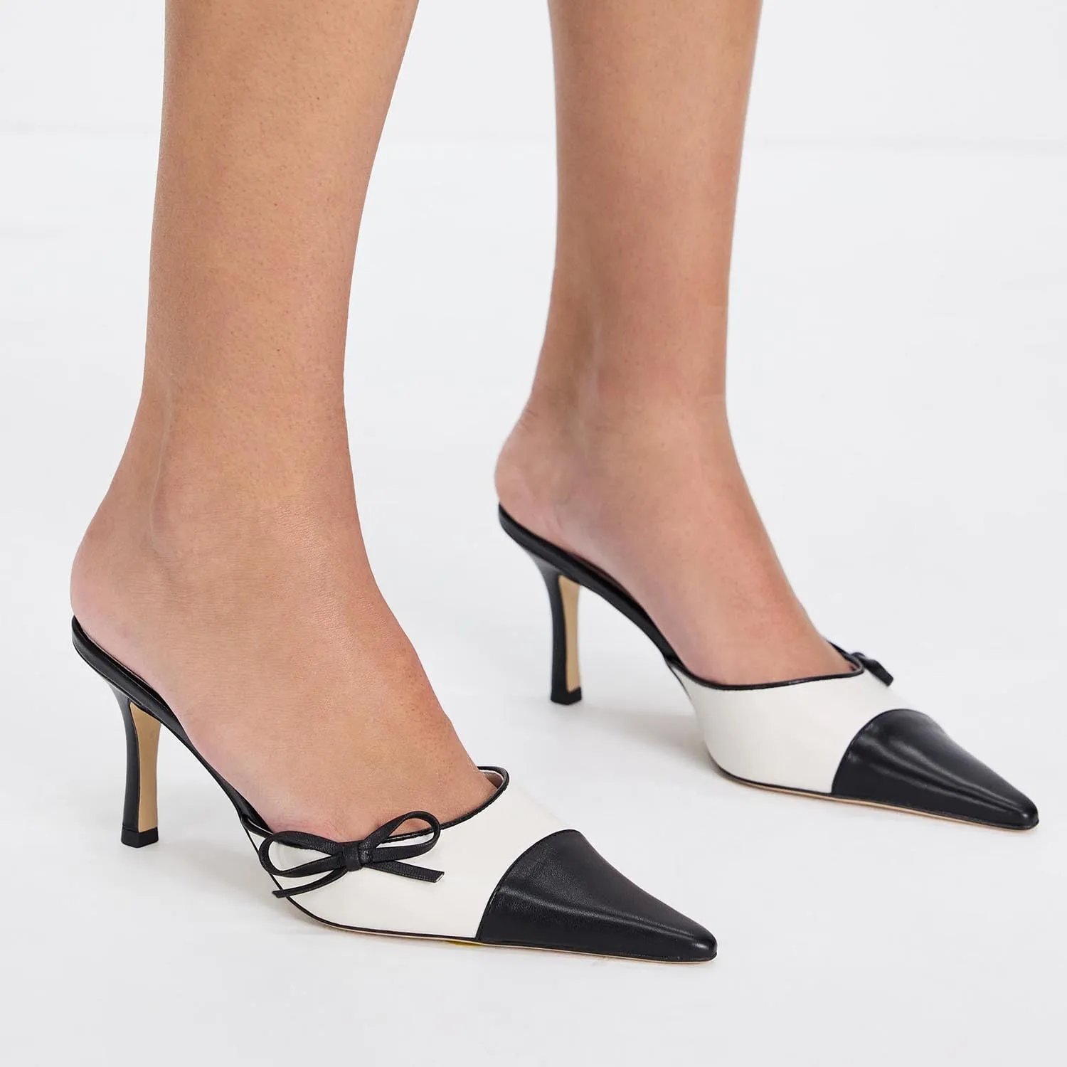 MOOMMO Women Stiletto Heel Mules Bow Cap Pointed Toe Slip On Mule Sandals Two Tone Sexy 2 inch Kitten Heel Mule Heels Pointy Toe Dress Sandal Heels Evening Wedding Party 4-11 M US