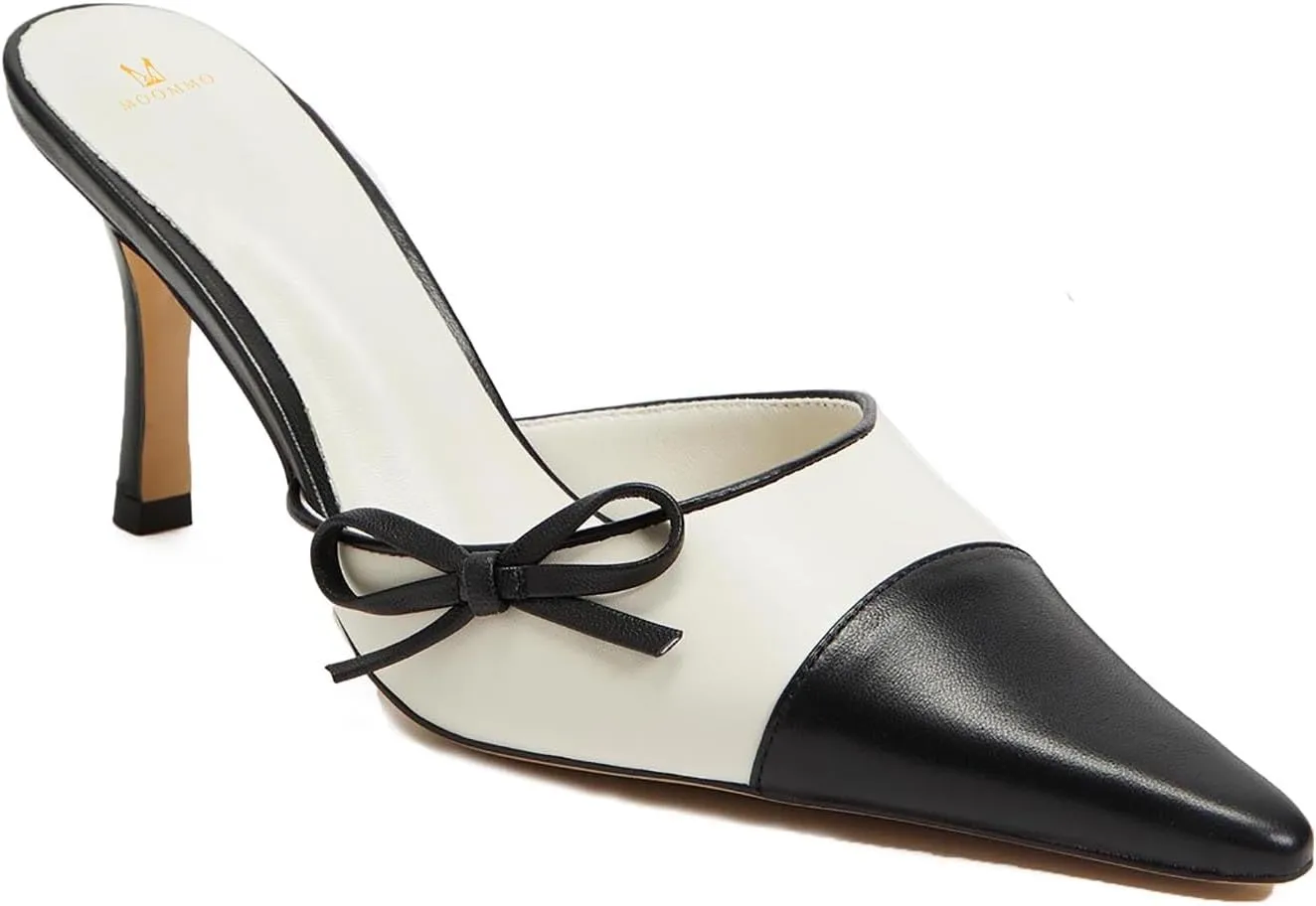 MOOMMO Women Stiletto Heel Mules Bow Cap Pointed Toe Slip On Mule Sandals Two Tone Sexy 2 inch Kitten Heel Mule Heels Pointy Toe Dress Sandal Heels Evening Wedding Party 4-11 M US