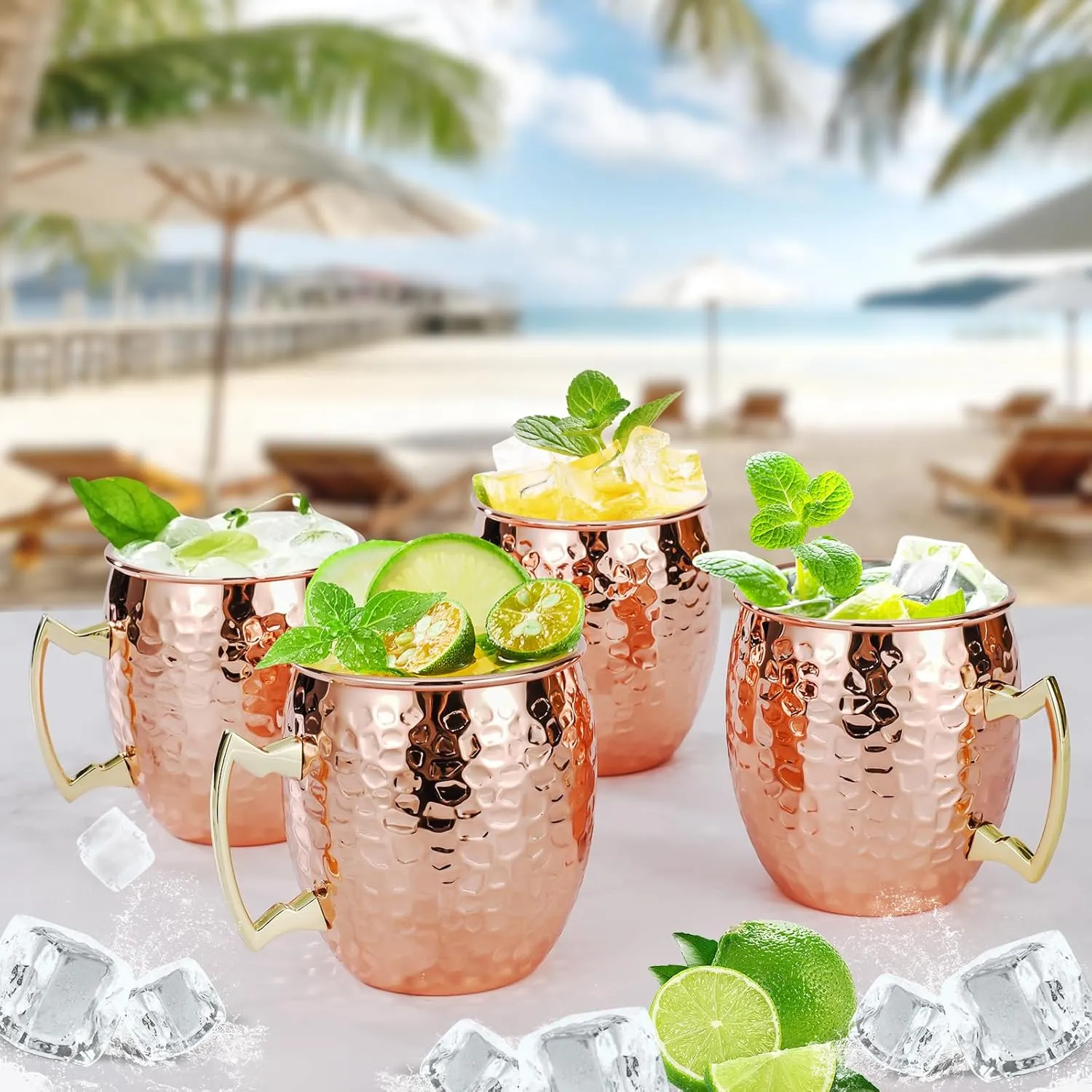 Moscow Mule Mugs Set of 4, 16 OZ Hammered Copper Cups with 304 Stainless Steel Lining and Gold Brass Handles, for Cold Drinks, Beer, Wine, Bars, Parties
