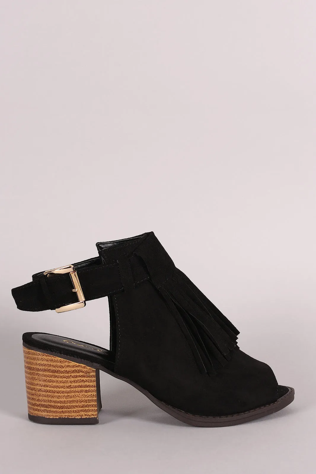 Mule Qupid Heel Chunky Fringe Suede Reduced Toe Peep Affordable
