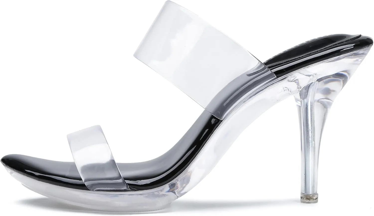 NBUUNBU Clear Heels for Women Silver Black Heels Little Platform Sexy High Heels Sandals Stiletto Kitten Open Toe Dress Shoes Comfortable Double Transparent Strap Heeled Sandals Mule