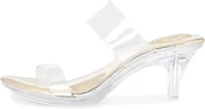 NBUUNBU Clear Heels for Women Silver Black Heels Little Platform Sexy High Heels Sandals Stiletto Kitten Open Toe Dress Shoes Comfortable Double Transparent Strap Heeled Sandals Mule