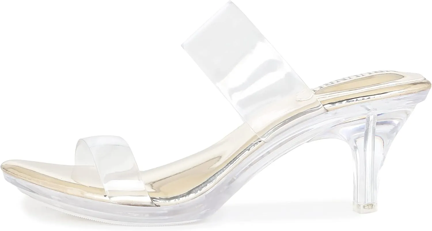 NBUUNBU Clear Heels for Women Silver Black Heels Little Platform Sexy High Heels Sandals Stiletto Kitten Open Toe Dress Shoes Comfortable Double Transparent Strap Heeled Sandals Mule