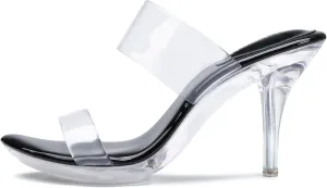 NBUUNBU Clear Heels for Women Silver Black Heels Little Platform Sexy High Heels Sandals Stiletto Kitten Open Toe Dress Shoes Comfortable Double Transparent Strap Heeled Sandals Mule