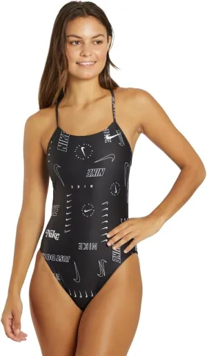 Nike Women's HydraStrong Multi Print Cut Out One Piece Swimsuit Black, Size 30