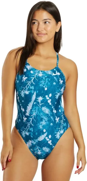 Nike Women's HydraStrong Multi Print Cut Out One Piece Swimsuit Mineral Teal, Size 28