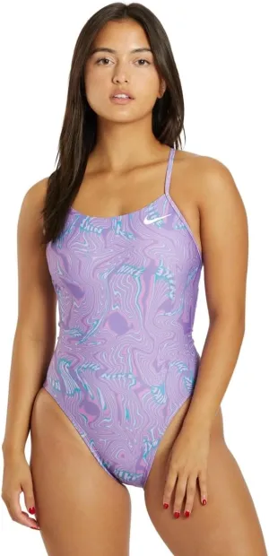 Nike Women's HydraStrong Multi Print Lace Up Tie Back One Piece Swimsuit Cobalt Bliss, 32