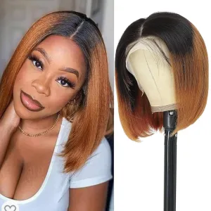 Ombre Bob Wig Human Hair 200 Density 1B/30 Short Bob Wigs for Women 13x4 HD Lace Front Wig Glueless Pre Plucked with Baby Hair (200 Density 1B/30 Bob Wig, 12 INCH)