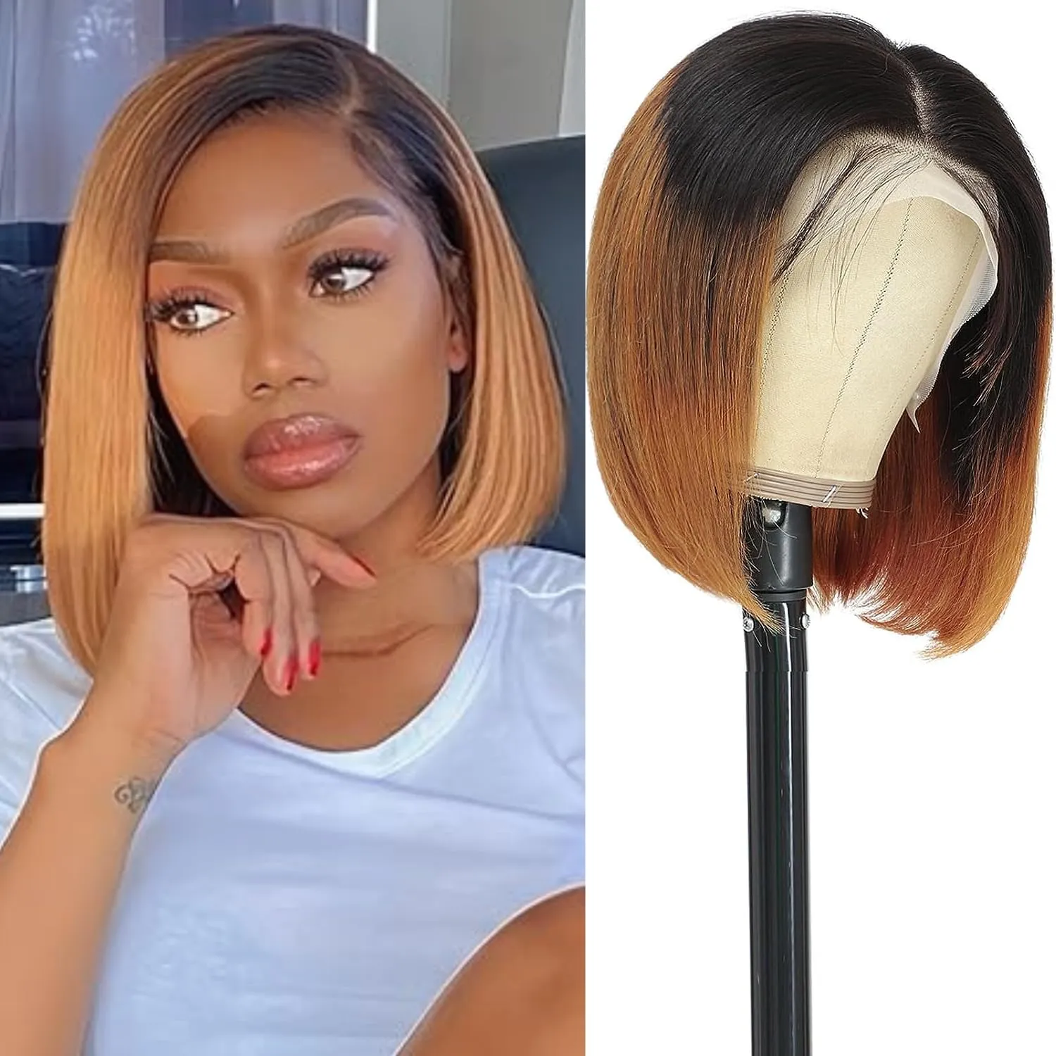 Ombre Bob Wig Human Hair 200 Density 1B/30 Short Bob Wigs for Women 13x4 HD Lace Front Wig Glueless Pre Plucked with Baby Hair (200 Density 1B/30 Bob Wig, 12 INCH)