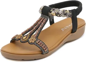 Orgone Womens Bohemian Beaded Flat Sandals Comfortable T-Strap Sandal Summer Comfortable Strap Sandals for Beach