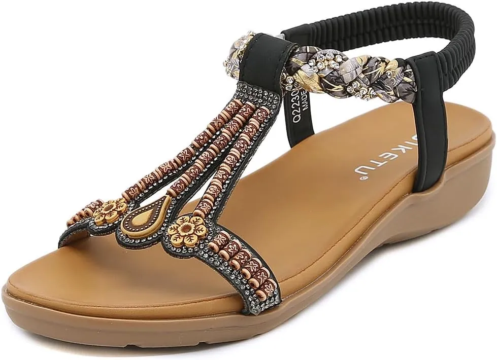 Orgone Womens Bohemian Beaded Flat Sandals Comfortable T-Strap Sandal Summer Comfortable Strap Sandals for Beach