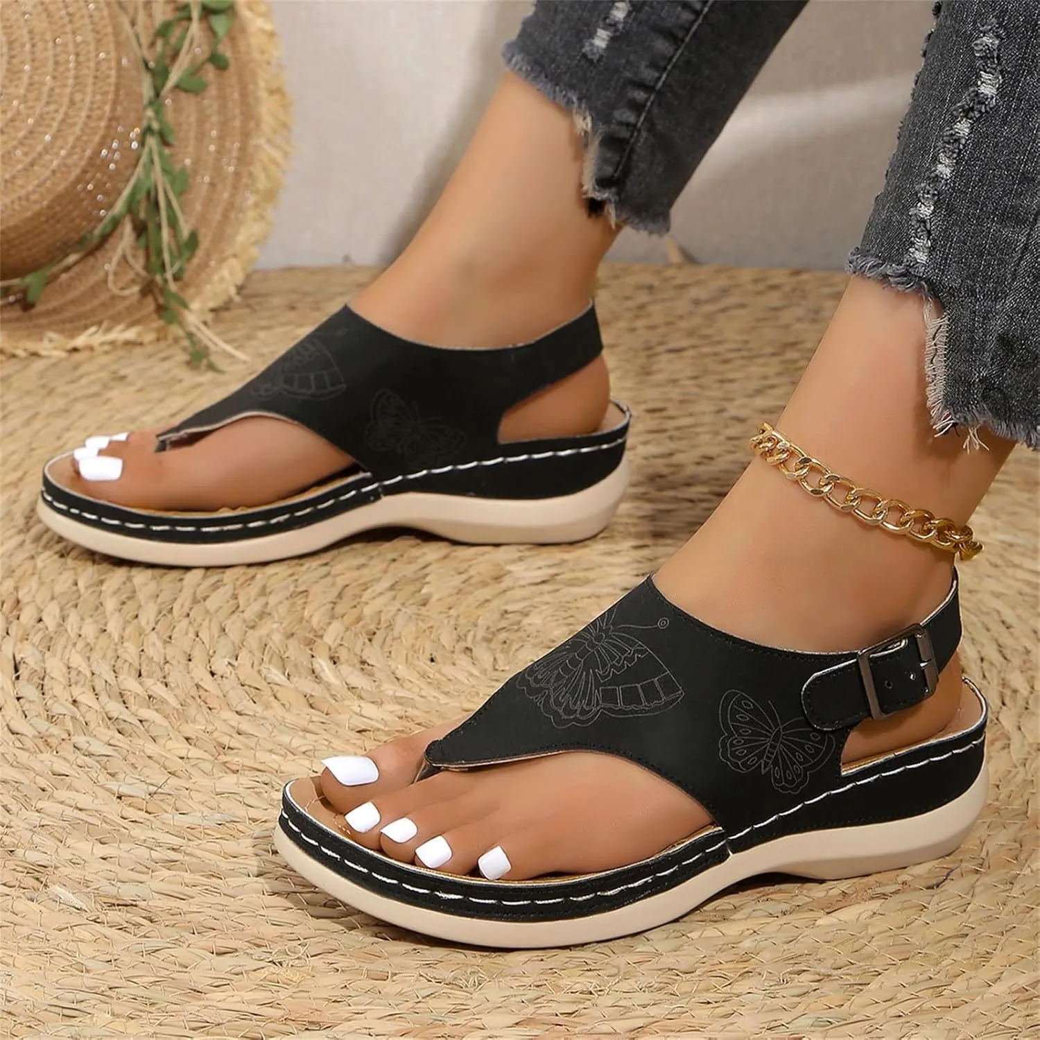 Orthopedic Flip Flops Women Comfort Arch Support Sandals Buckle Ankle Strap Clip Toe Flip Flops, Summer Slip On Orthopedic Wedge Sandals Comfortable Walking Shoes