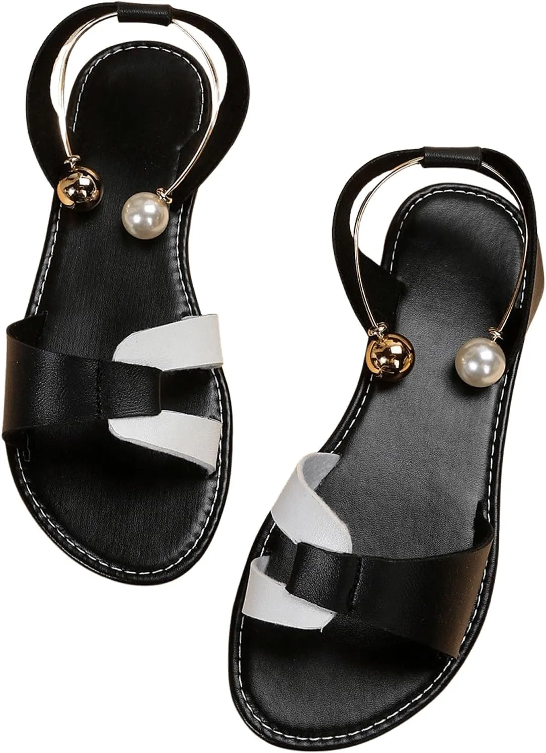 OYOANGLE Women's Leather Open Toe Ankle Strap Sandals Pearl Slide On Flat Slingback Sandals