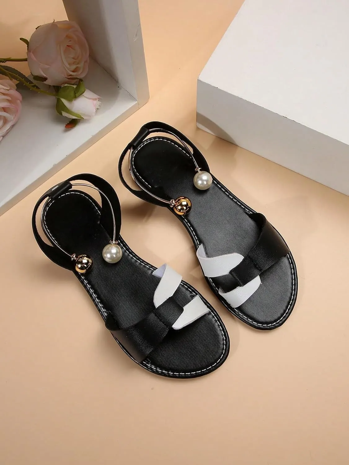 OYOANGLE Women's Leather Open Toe Ankle Strap Sandals Pearl Slide On Flat Slingback Sandals