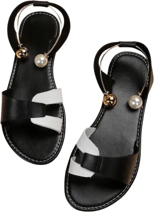 OYOANGLE Women's Leather Open Toe Ankle Strap Sandals Pearl Slide On Flat Slingback Sandals