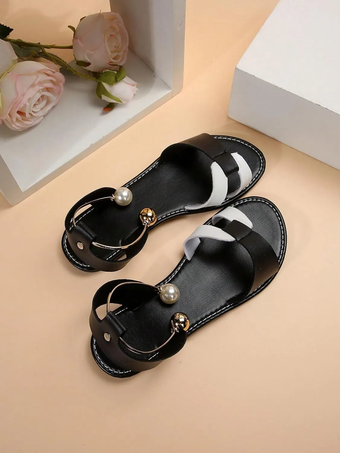 OYOANGLE Women's Leather Open Toe Ankle Strap Sandals Pearl Slide On Flat Slingback Sandals