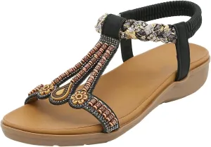 Parisuit Womens Flat Sandals Boho Bohemian Beaded Open Toe Elastic Ankle Strap Sandals Summer Comfortable Beach Wedge Shoes