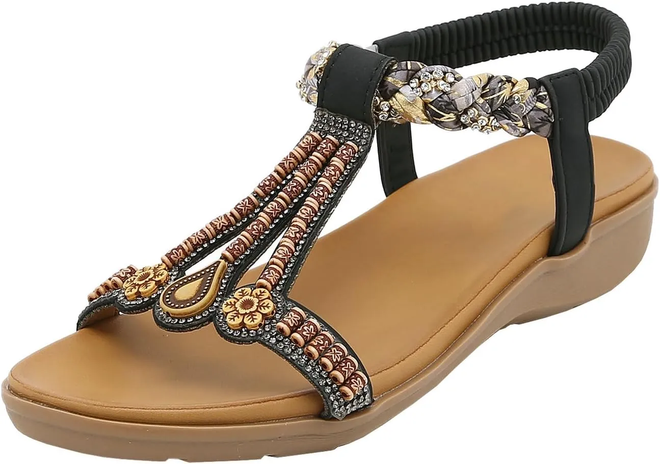 Parisuit Womens Flat Sandals Boho Bohemian Beaded Open Toe Elastic Ankle Strap Sandals Summer Comfortable Beach Wedge Shoes