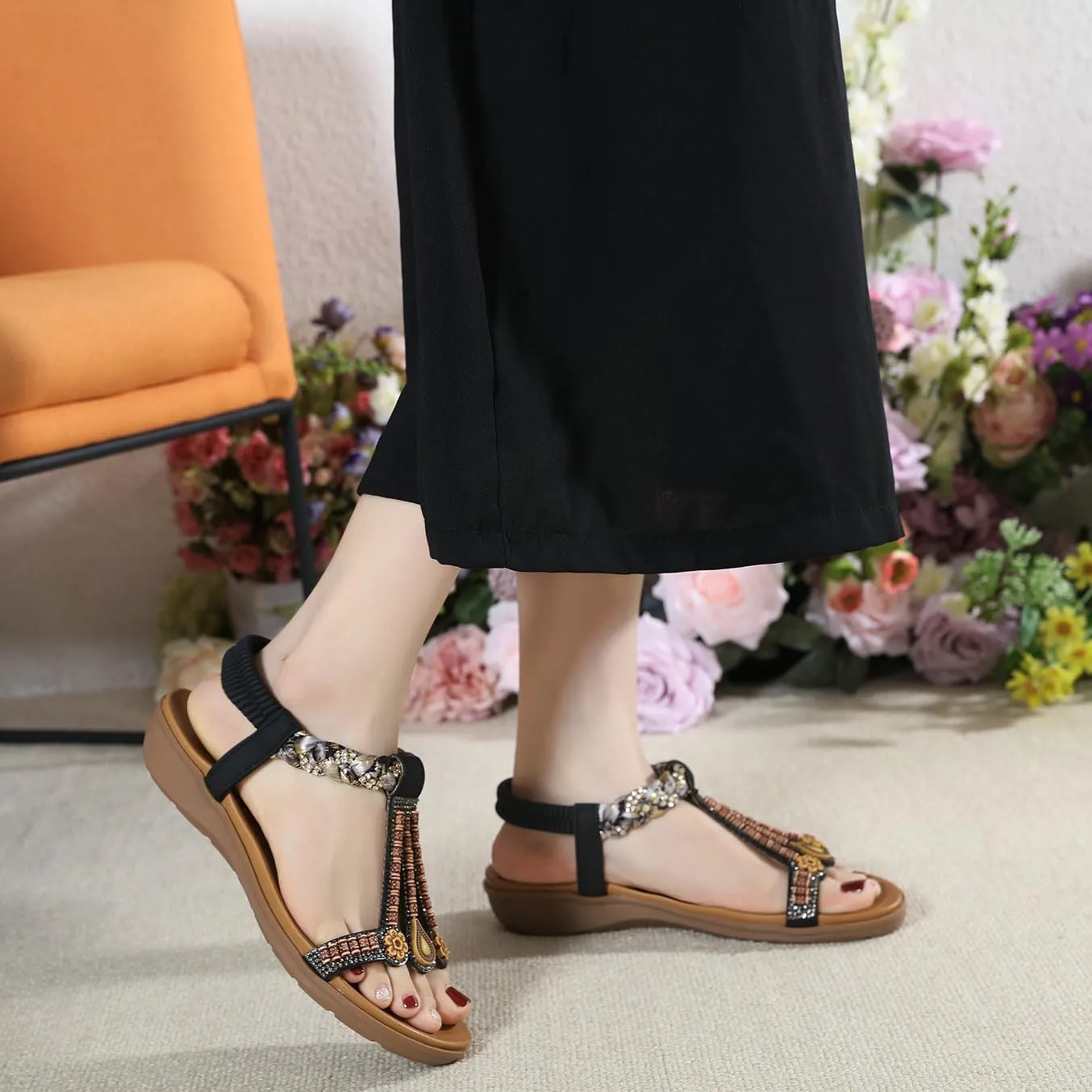 Parisuit Womens Flat Sandals Boho Bohemian Beaded Open Toe Elastic Ankle Strap Sandals Summer Comfortable Beach Wedge Shoes