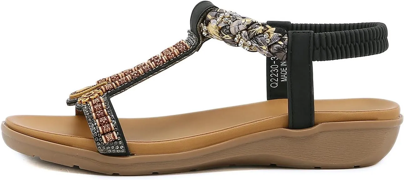Parisuit Womens Flat Sandals Boho Bohemian Beaded Open Toe Elastic Ankle Strap Sandals Summer Comfortable Beach Wedge Shoes