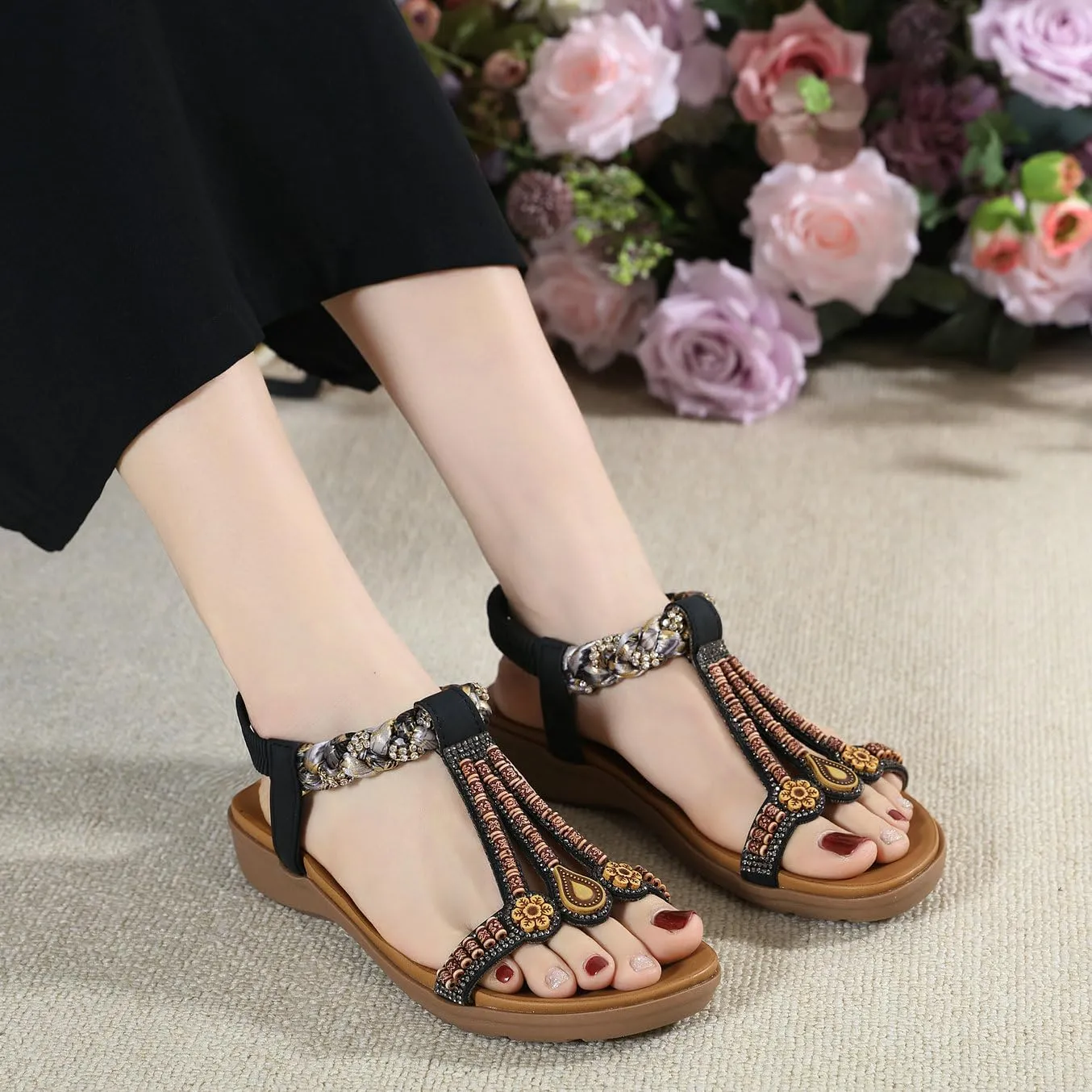 Parisuit Womens Flat Sandals Boho Bohemian Beaded Open Toe Elastic Ankle Strap Sandals Summer Comfortable Beach Wedge Shoes