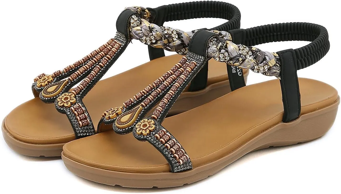 Parisuit Womens Flat Sandals Boho Bohemian Beaded Open Toe Elastic Ankle Strap Sandals Summer Comfortable Beach Wedge Shoes