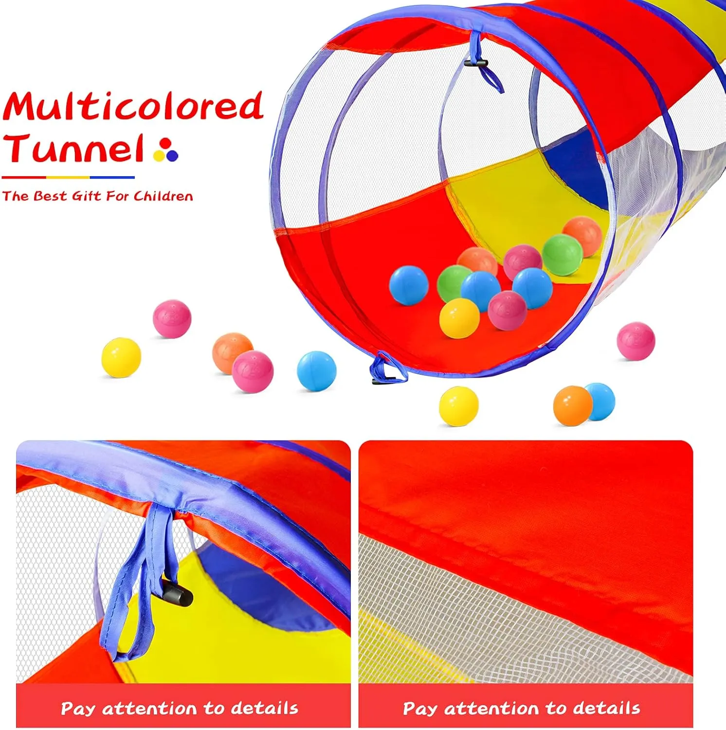 PigPigPen Kids Tunnel for Toddlers,Pop Up Play Tunnel Tent for Babies or Dogs, Indoor & Outdoor Toys for Kids Backyard Playset. (Red,Yellow,Blue Play Tent with mesh)