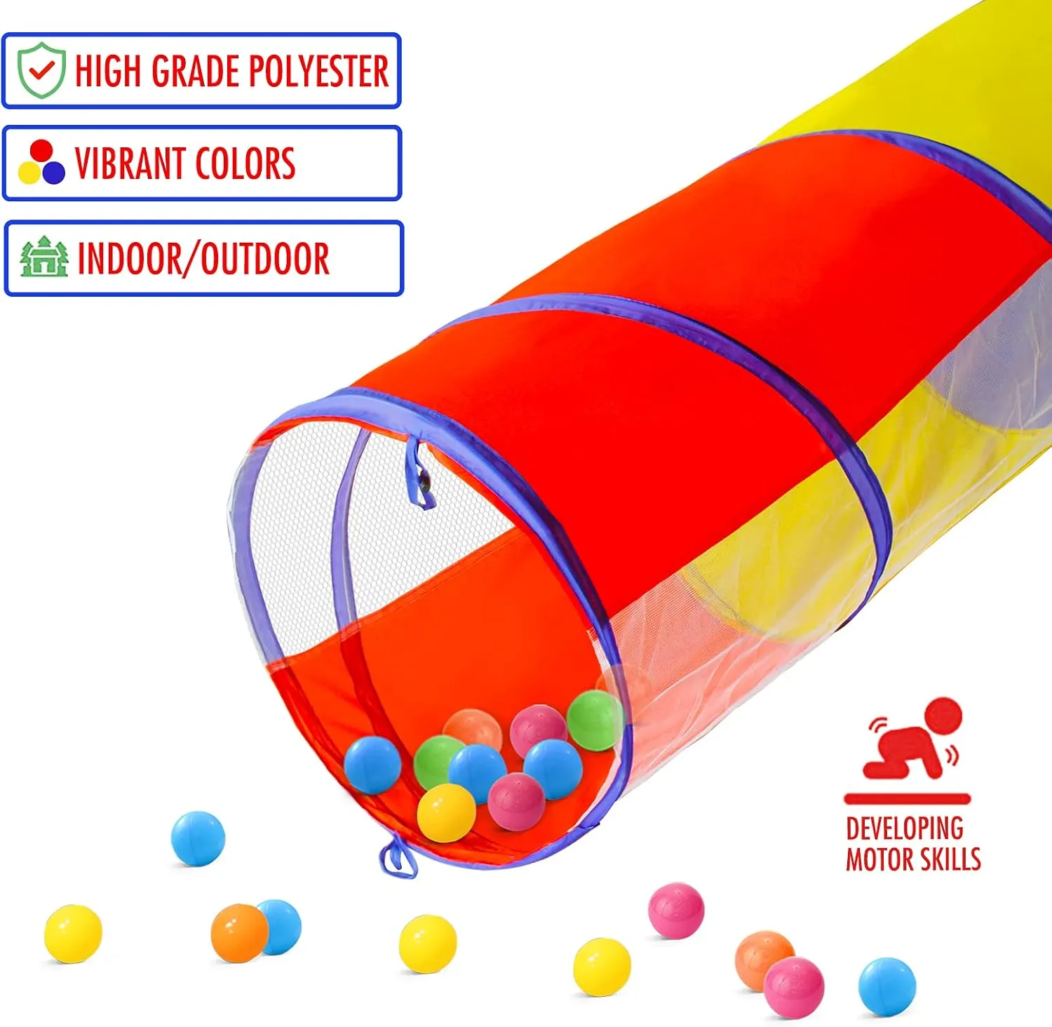 PigPigPen Kids Tunnel for Toddlers,Pop Up Play Tunnel Tent for Babies or Dogs, Indoor & Outdoor Toys for Kids Backyard Playset. (Red,Yellow,Blue Play Tent with mesh)