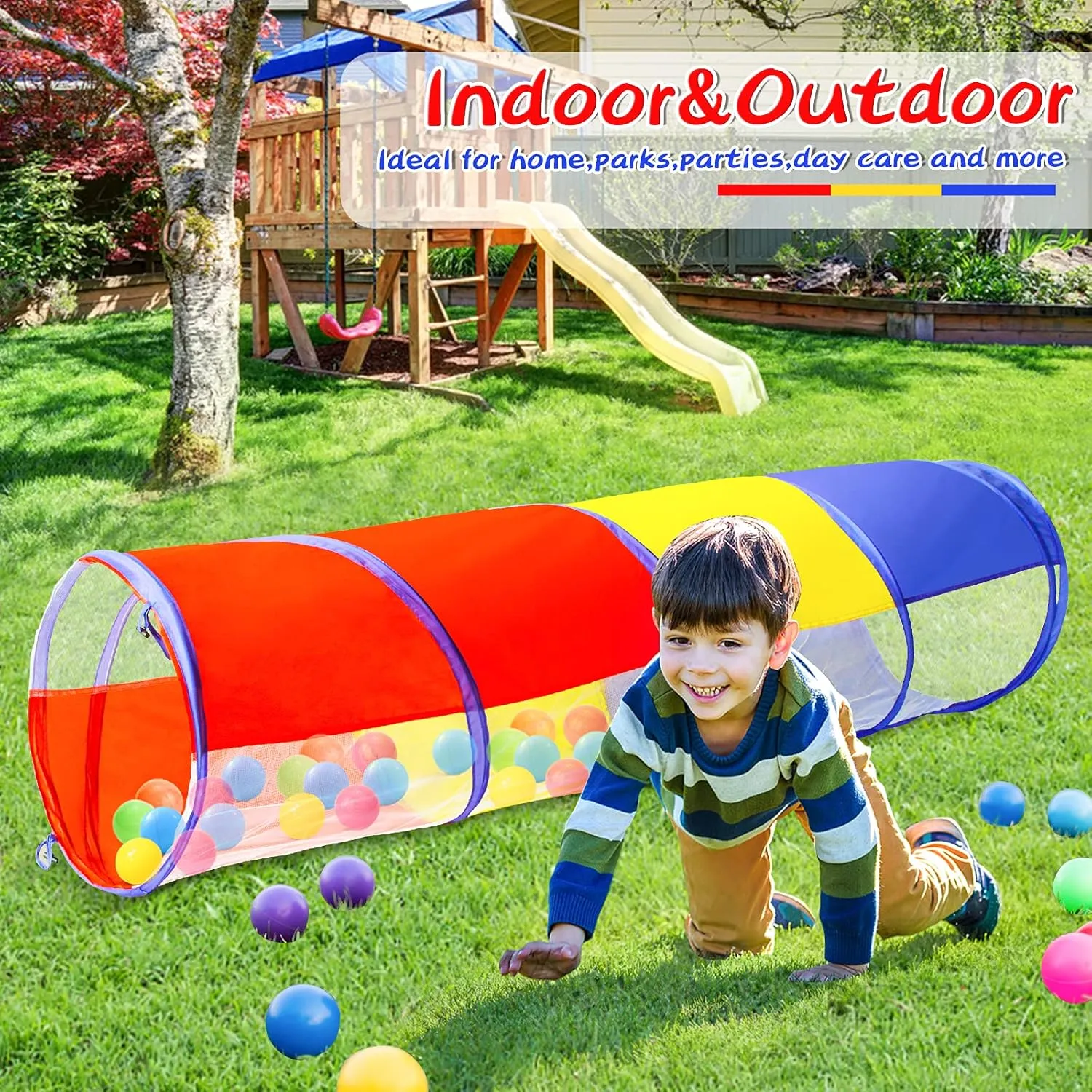 PigPigPen Kids Tunnel for Toddlers,Pop Up Play Tunnel Tent for Babies or Dogs, Indoor & Outdoor Toys for Kids Backyard Playset. (Red,Yellow,Blue Play Tent with mesh)