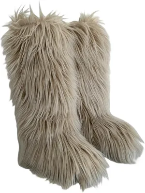 QMFUR Women's Furry Knee High Snow Boots Faux Fur Mid-Calf Boot Fluffy Flat boot Winter Warm Fashion Boots