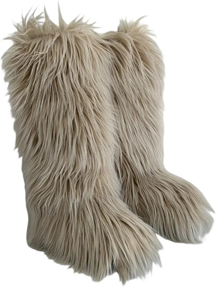 QMFUR Women's Furry Knee High Snow Boots Faux Fur Mid-Calf Boot Fluffy Flat boot Winter Warm Fashion Boots