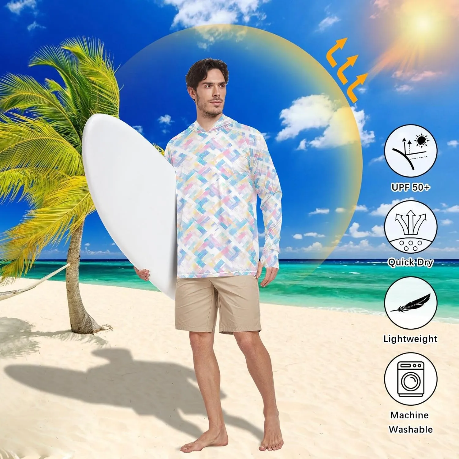 Rainbow Tie Dye Mens Sun Shirts Protection Long Sleeve Fishing Shirt UPF 50  Adult Rash Guards Hooded Rashguard for Men