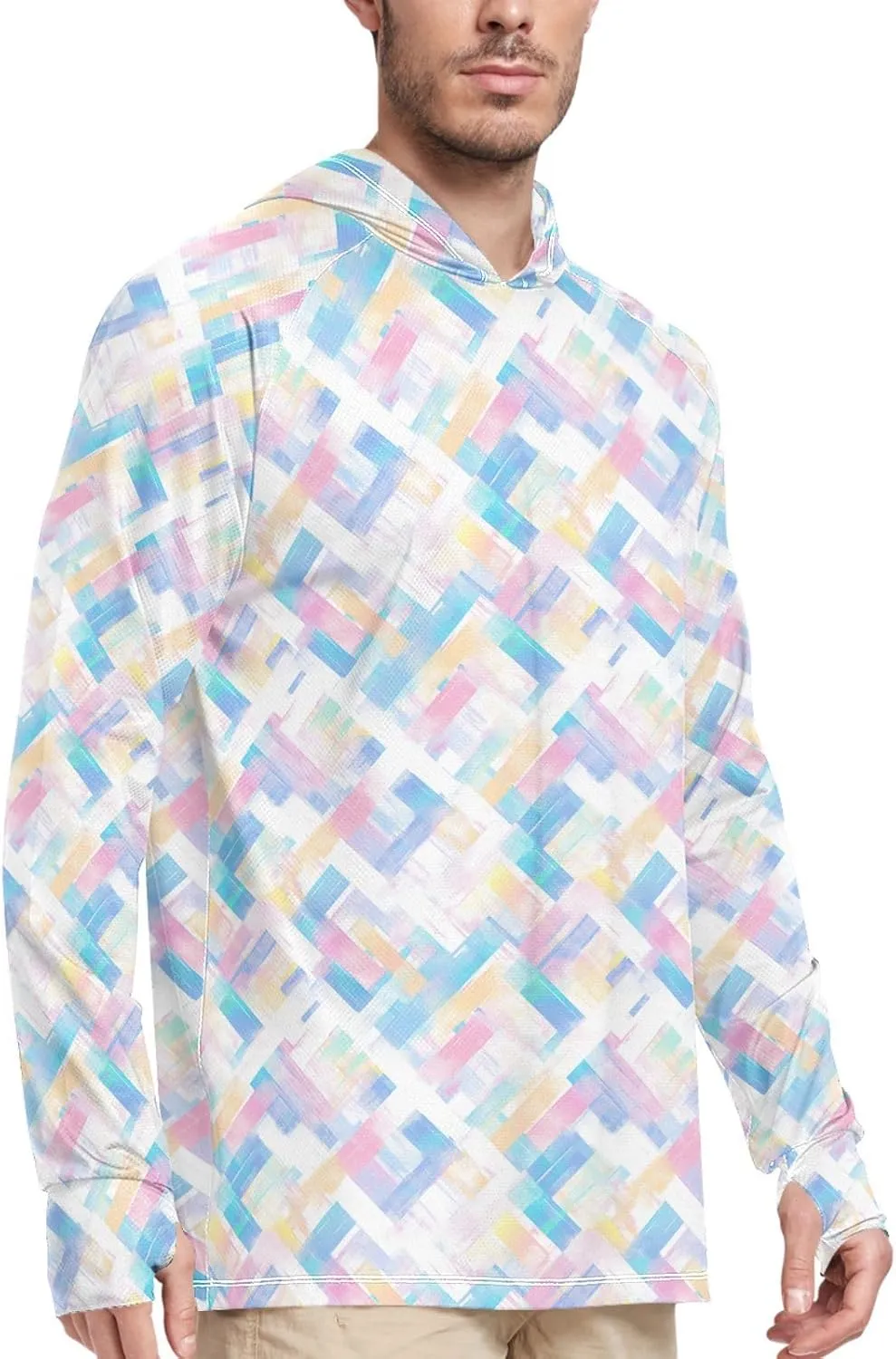 Rainbow Tie Dye Mens Sun Shirts Protection Long Sleeve Fishing Shirt UPF 50  Adult Rash Guards Hooded Rashguard for Men