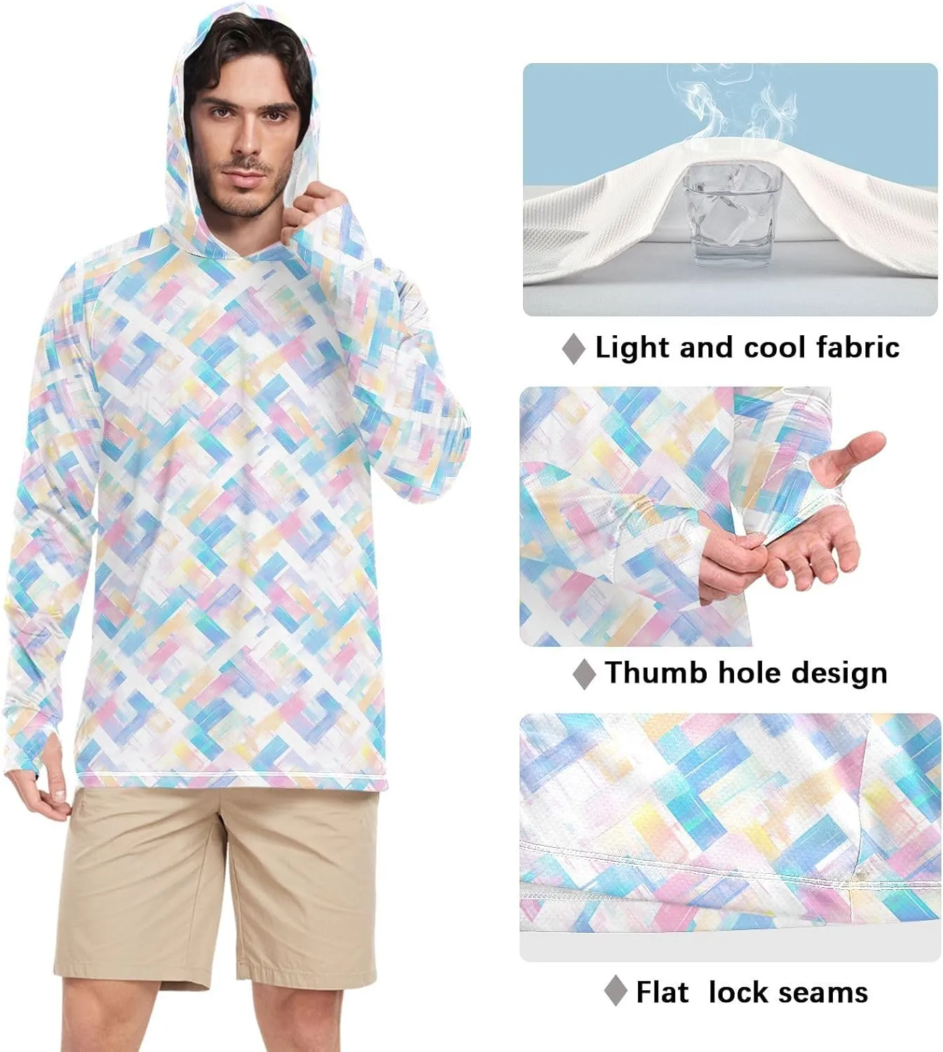 Rainbow Tie Dye Mens Sun Shirts Protection Long Sleeve Fishing Shirt UPF 50  Adult Rash Guards Hooded Rashguard for Men