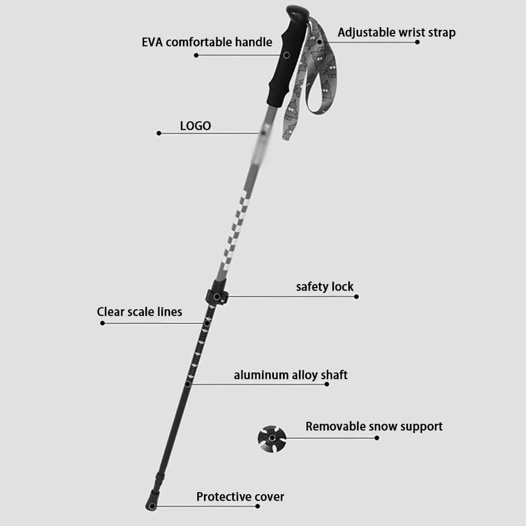 Retractable Outdoor Portable Trekking Pole, Spring Camping Walking Stick, with EVA Grip, Adjustable Wrist Strap, for Boys/Girls