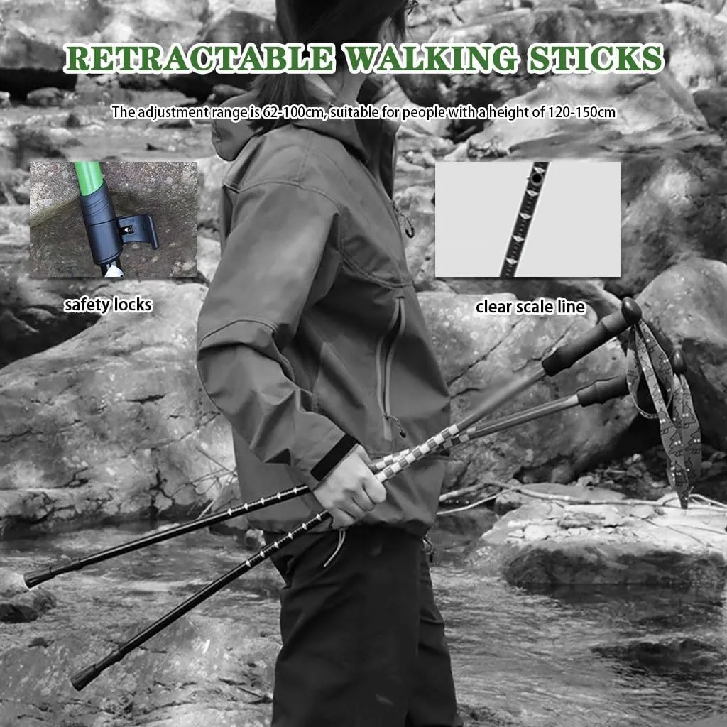 Retractable Outdoor Portable Trekking Pole, Spring Camping Walking Stick, with EVA Grip, Adjustable Wrist Strap, for Boys/Girls